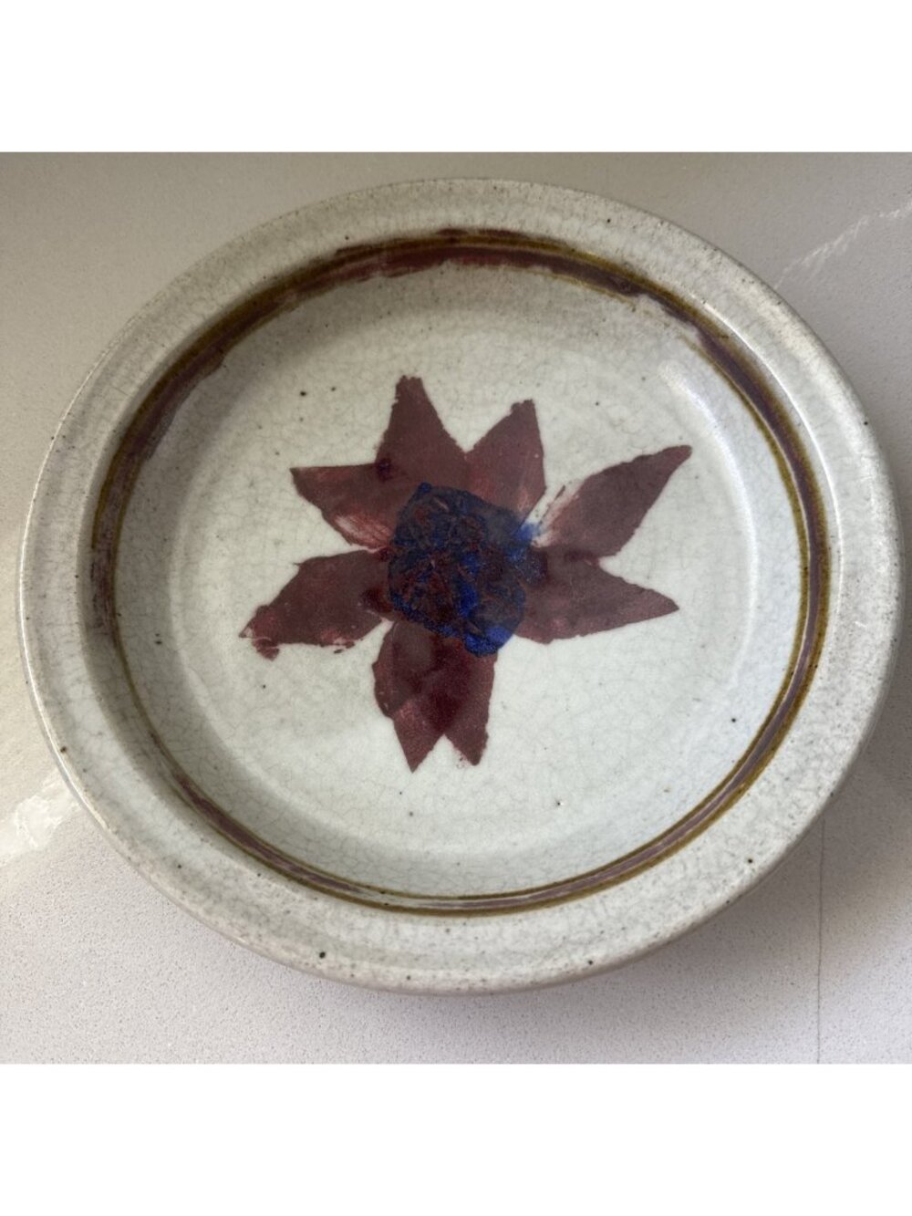 Studio Art Pottery Plate Signed Robert Abstract Floral  Design Glazed Mid Cent